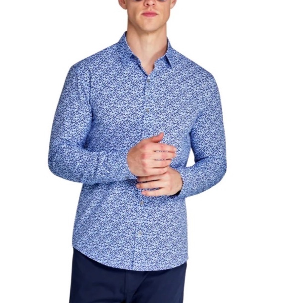 WRK Performance Men's Blue Floral Long Sleeve Shirt Large